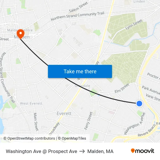 Washington Ave @ Prospect Ave to Malden, MA map