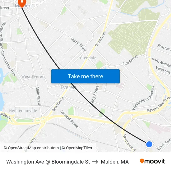 Washington Ave @ Bloomingdale St to Malden, MA map