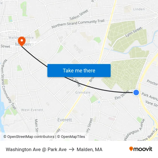 Washington Ave @ Park Ave to Malden, MA map