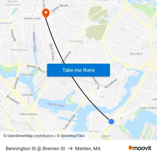 Bennington St @ Bremen St to Malden, MA map