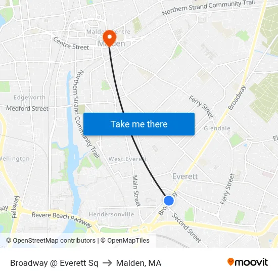 Broadway @ Everett Sq to Malden, MA map