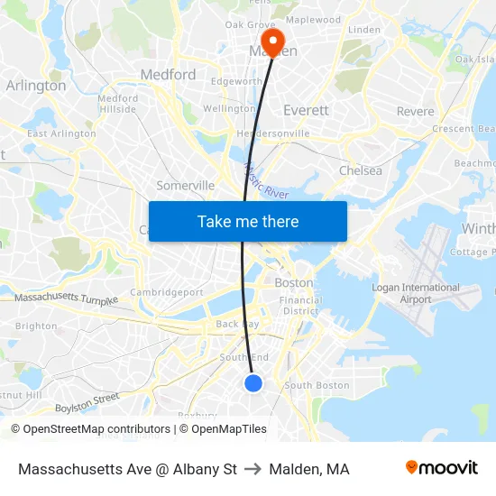 Massachusetts Ave @ Albany St to Malden, MA map