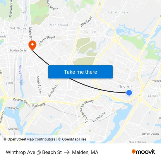 Winthrop Ave @ Beach St to Malden, MA map