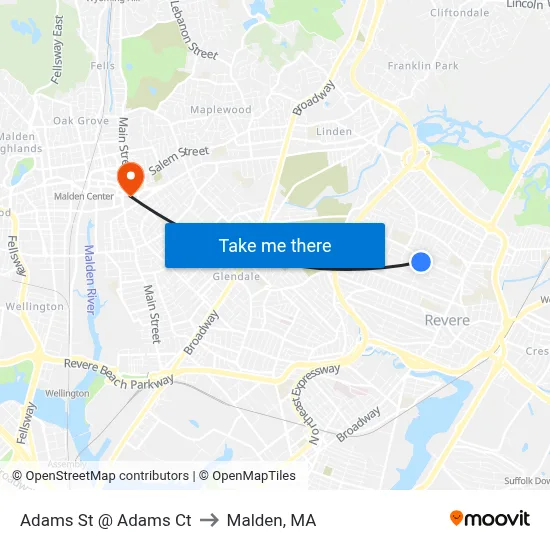 Adams St @ Adams Ct to Malden, MA map