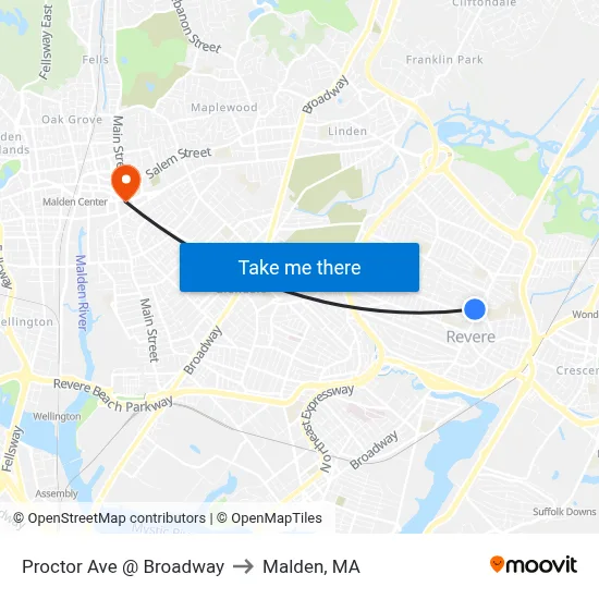 Proctor Ave @ Broadway to Malden, MA map