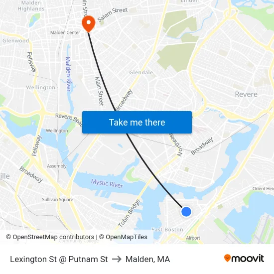 Lexington St @ Putnam St to Malden, MA map
