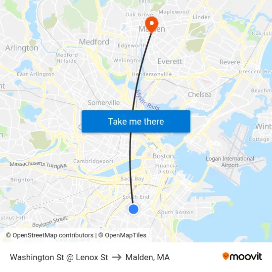 Washington St @ Lenox St to Malden, MA map