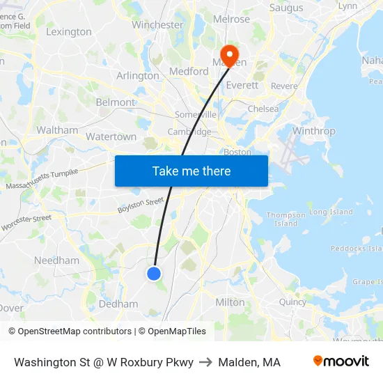 Washington St @ W Roxbury Pkwy to Malden, MA map
