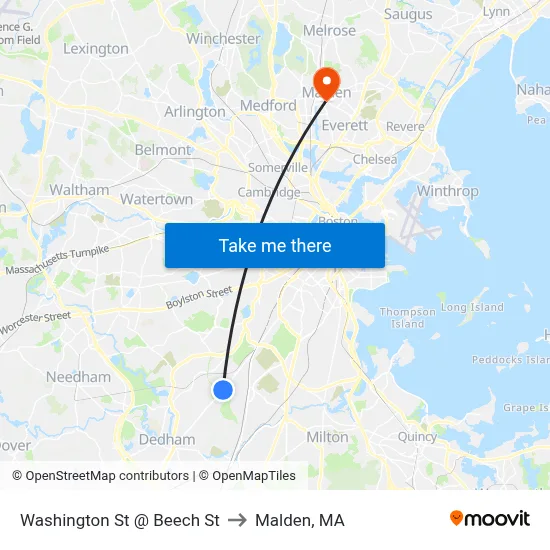 Washington St @ Beech St to Malden, MA map
