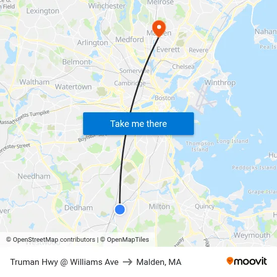 Truman Hwy @ Williams Ave to Malden, MA map