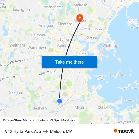 942 Hyde Park Ave to Malden, MA map