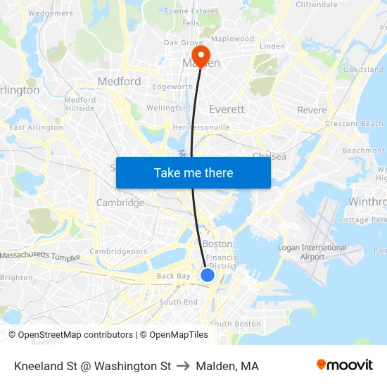 Kneeland St @ Washington St to Malden, MA map