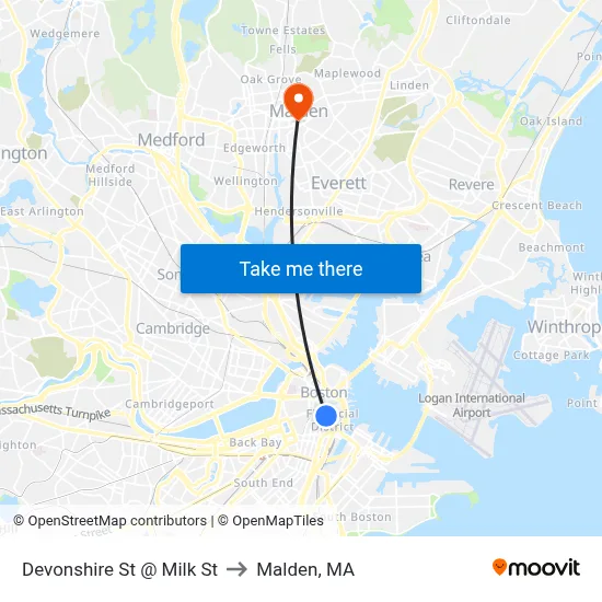 Devonshire St @ Milk St to Malden, MA map