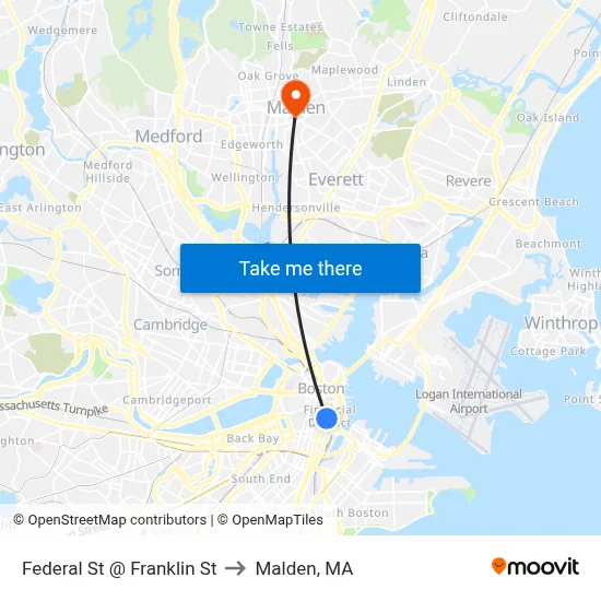 Federal St @ Franklin St to Malden, MA map