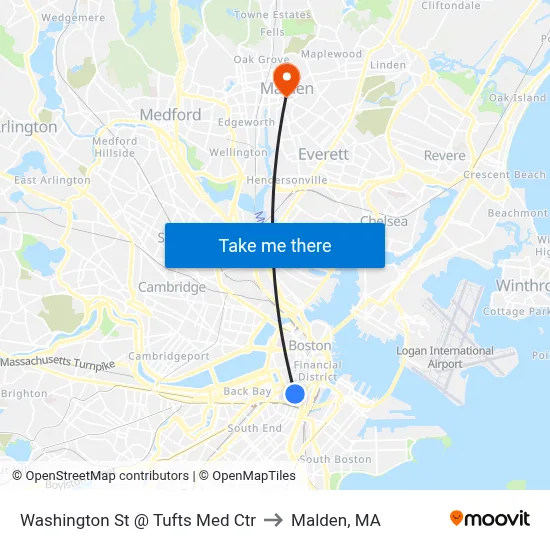 Washington St @ Tufts Med Ctr to Malden, MA map