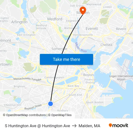 S Huntington Ave @ Huntington Ave to Malden, MA map