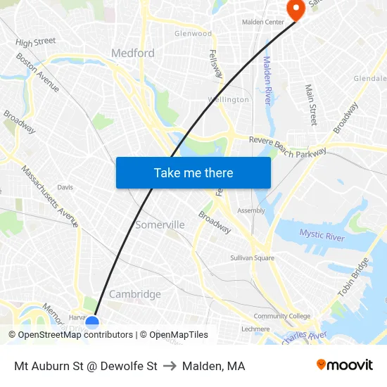 Mt Auburn St @ Dewolfe St to Malden, MA map