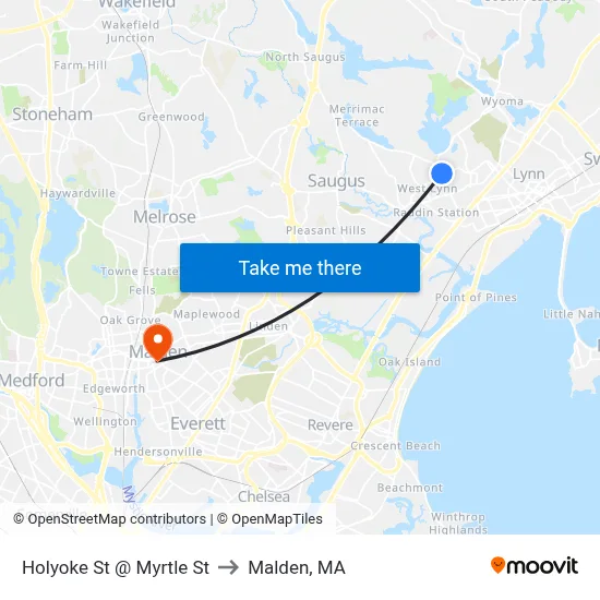 Holyoke St @ Myrtle St to Malden, MA map