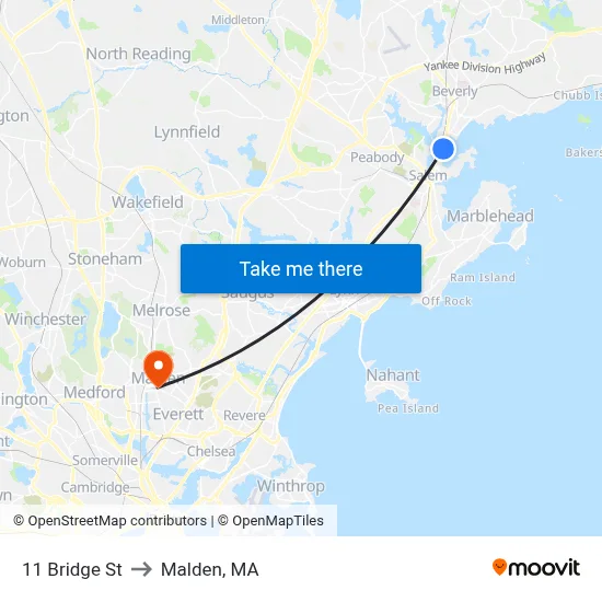 11 Bridge St to Malden, MA map