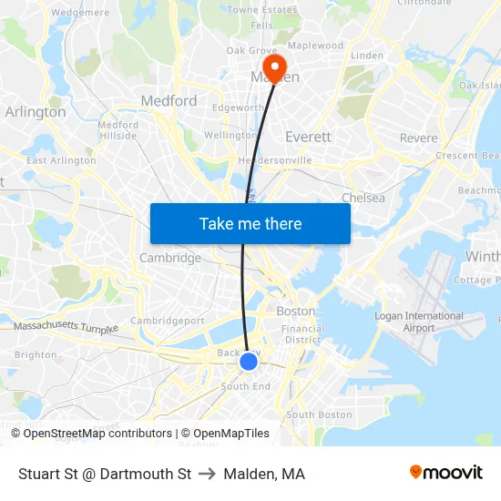 Stuart St @ Dartmouth St to Malden, MA map