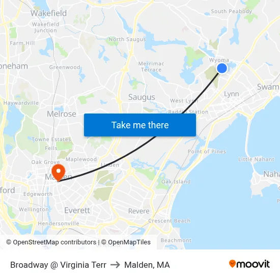 Broadway @ Virginia Terr to Malden, MA map