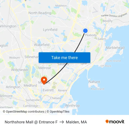 Northshore Mall @ Entrance F to Malden, MA map
