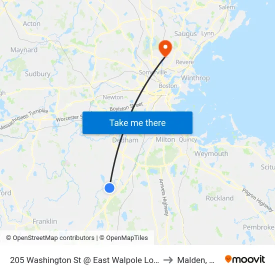 205 Washington St @ East Walpole Loop to Malden, MA map