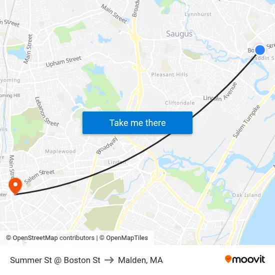 Summer St @ Boston St to Malden, MA map