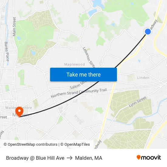 Broadway @ Blue Hill Ave to Malden, MA map