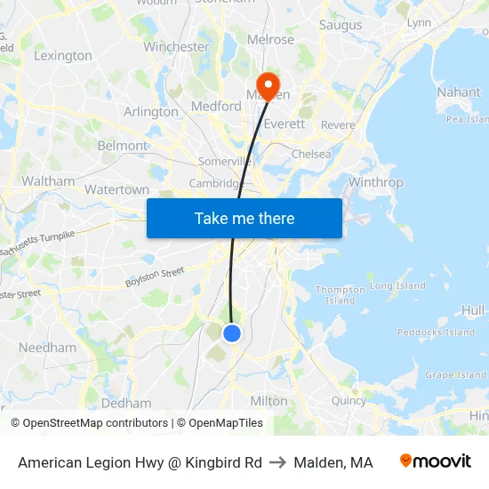 American Legion Hwy @ Kingbird Rd to Malden, MA map