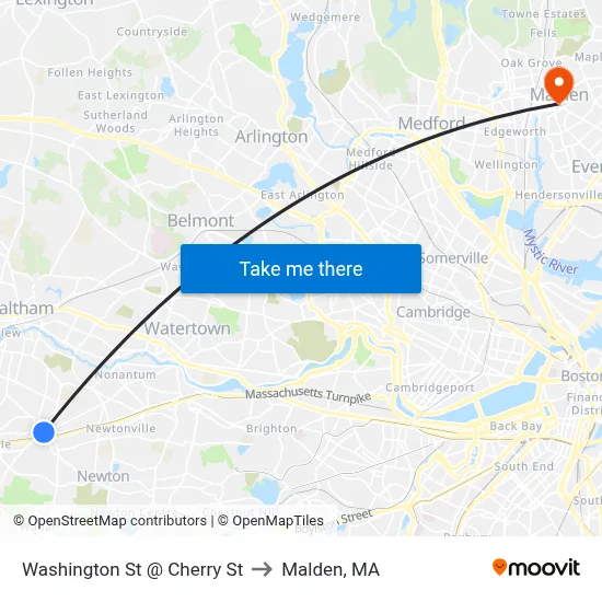 Washington St @ Cherry St to Malden, MA map