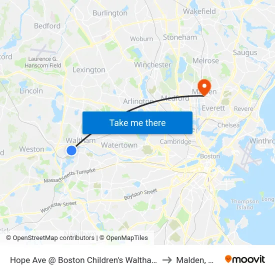 Hope Ave @ Boston Children's Waltham to Malden, MA map