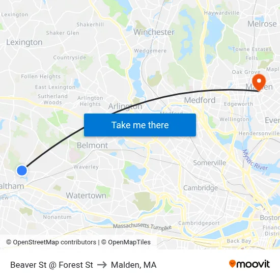Beaver St @ Forest St to Malden, MA map