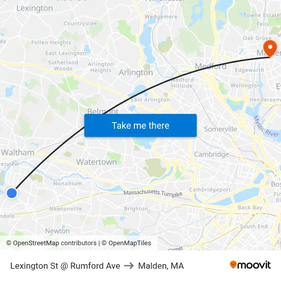 Lexington St @ Rumford Ave to Malden, MA map