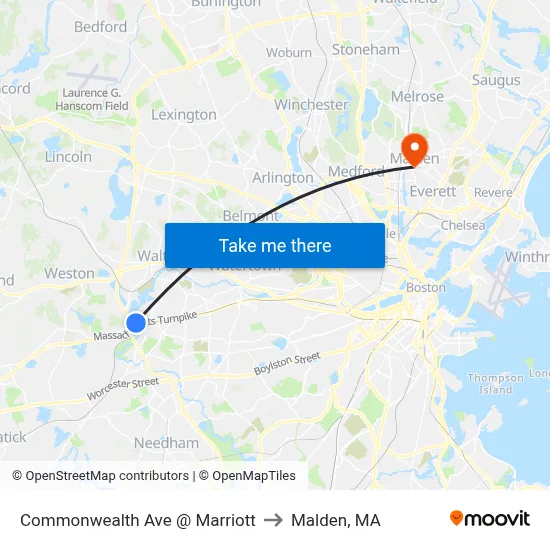 Commonwealth Ave @ Marriott to Malden, MA map