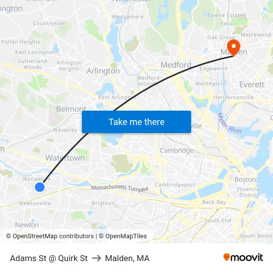 Adams St @ Quirk St to Malden, MA map