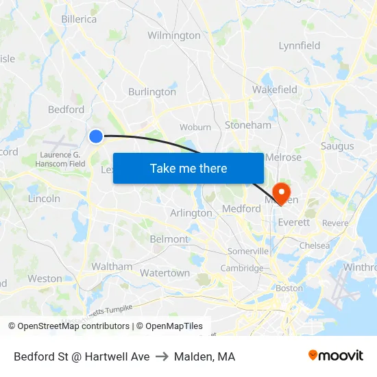 Bedford St @ Hartwell Ave to Malden, MA map