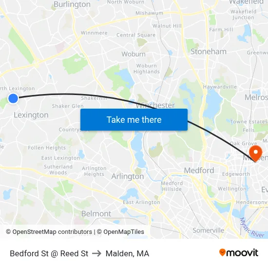 Bedford St @ Reed St to Malden, MA map