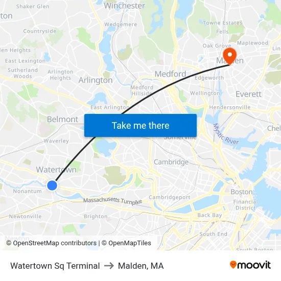 Watertown Sq Terminal to Malden, MA map
