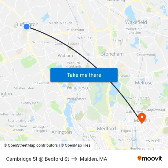 Cambridge St @ Bedford St to Malden, MA map