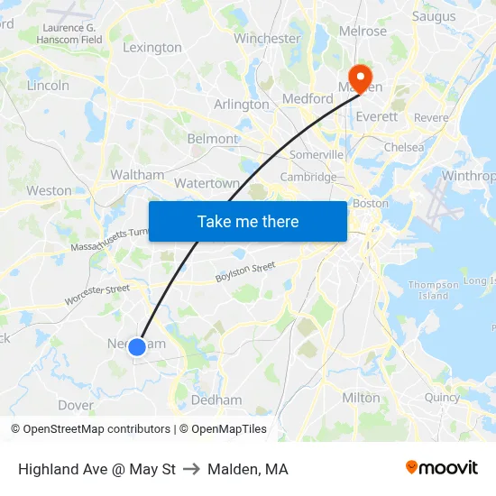 Highland Ave @ May St to Malden, MA map
