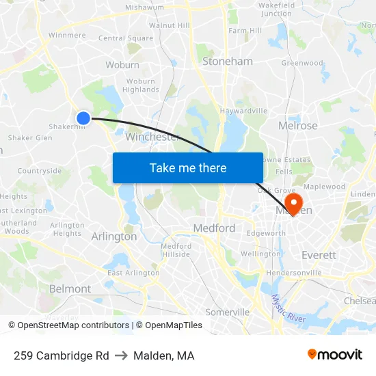 259 Cambridge Rd to Malden, MA map