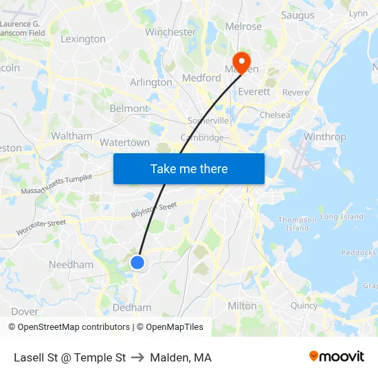 Lasell St @ Temple St to Malden, MA map