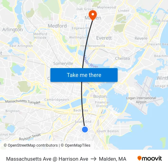 Massachusetts Ave @ Harrison Ave to Malden, MA map