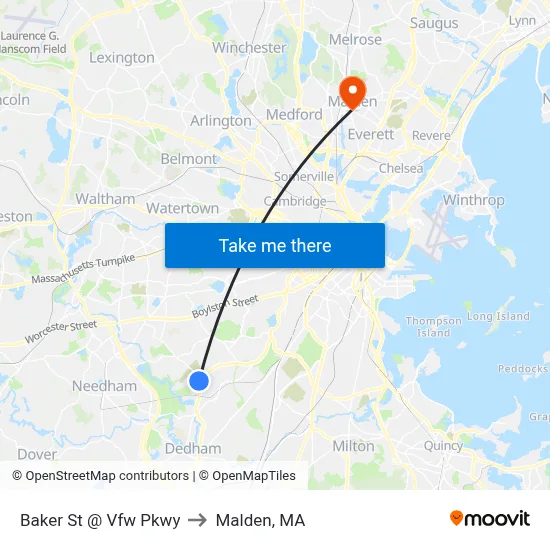 Baker St @ Vfw Pkwy to Malden, MA map