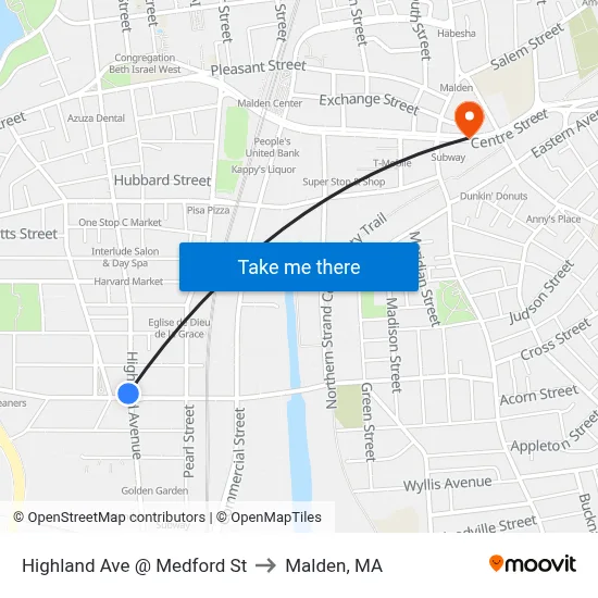 Highland Ave @ Medford St to Malden, MA map