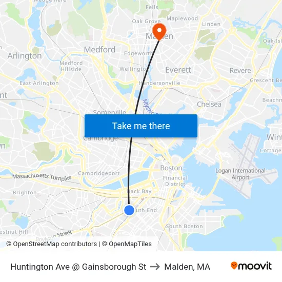 Huntington Ave @ Gainsborough St to Malden, MA map