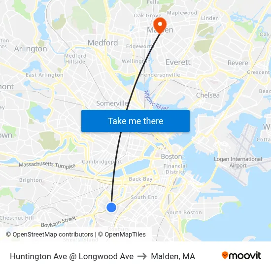 Huntington Ave @ Longwood Ave to Malden, MA map