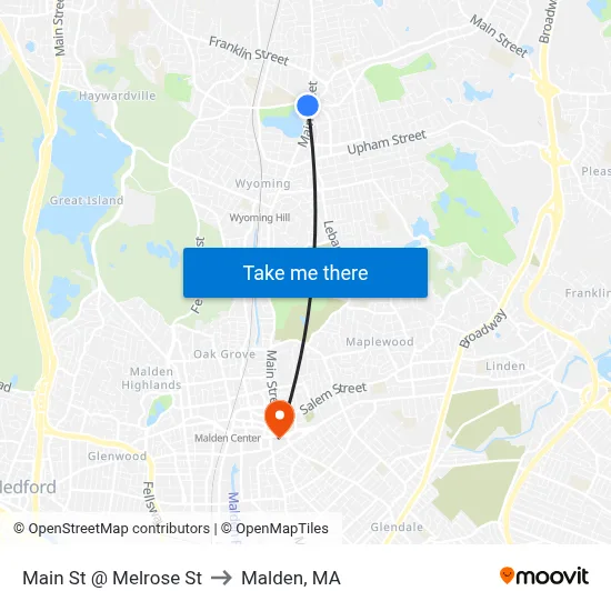Main St @ Melrose St to Malden, MA map