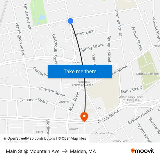 Main St @ Mountain Ave to Malden, MA map